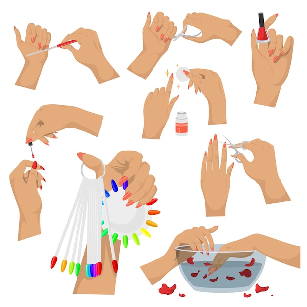 Conjunto de manicure de mão, ilustração vetorial isolada. tratamento estético de mãos e unhas, higiene. ferramentas e acessórios de manicure. estúdio de nail art, serviços de salão de spa.