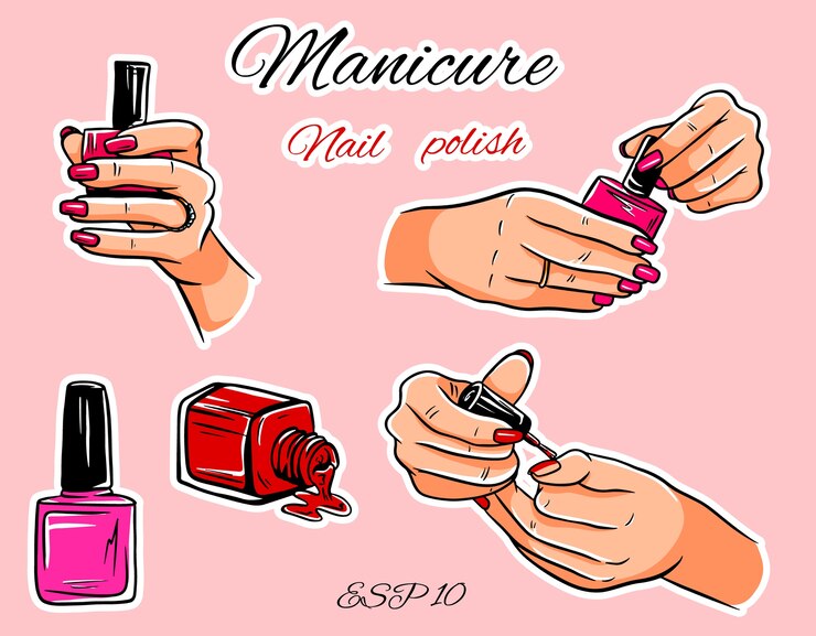 conjunto de manicure. Frascos de esmalte. Escova para manicure. Mãos com esmalte. Conjunto de manicure isolado.