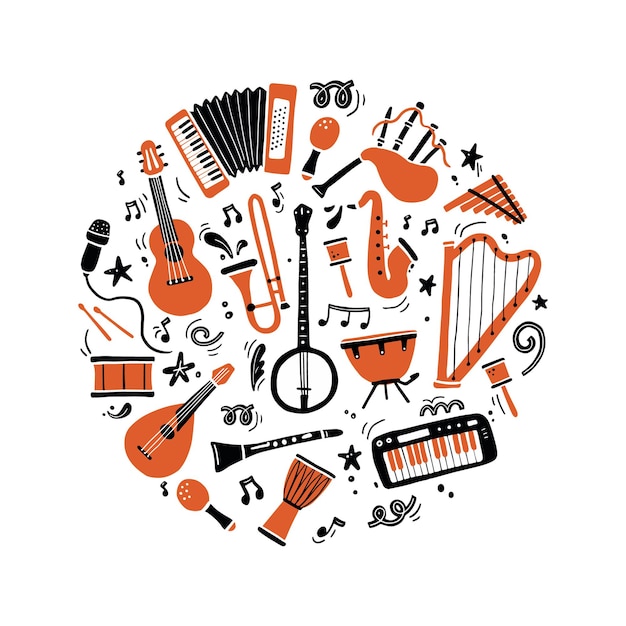 Conjunto de mão desenhada de diferentes tipos de instrumentos musicais, guitarra, saxofone. Estilo de desenho do Doodle.