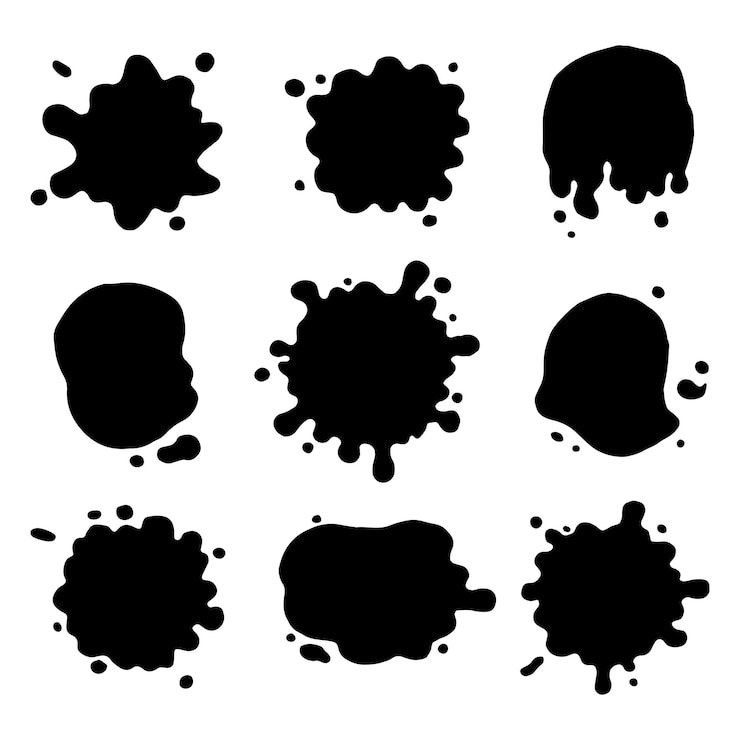 Vetor conjunto de mão desenhada de respingos de tinta e respingos de bolhas com formas diferentes. corte a ilustração vetorial isolada para seus adesivos, etiqueta, banner, design de ícone. elementos de blob desenhados com pincel de tinta.