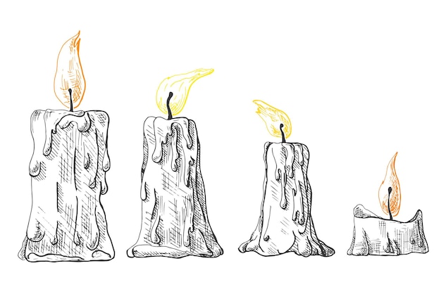 Conjunto de mão desenhada de velas acesas. ilustração em vetor de um estilo de desenho.