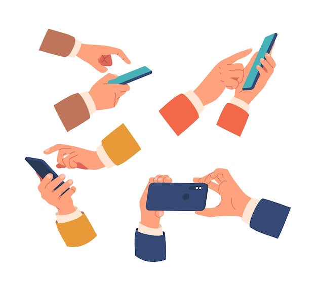 Vetor conjunto de mãos com botões de tela de toque de toque de caracteres de telefones conversando no aplicativo comprando on-line comunicar-se na internet atirar selfie ou fotografar na ilustração vetorial de desenho animado de câmera