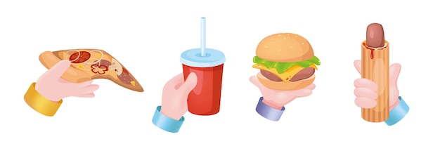 Conjunto de mãos do conceito gráfico de fast food. mãos humanas segurando pizza, beber refrigerante ou coca-cola no copo, cheeseburguer ou hambúrguer, cachorro-quente. dieta ou menu pouco saudável. ilustração vetorial com objetos 3d realistas