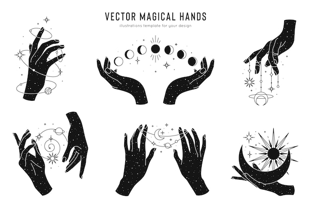 Conjunto de mãos mágicas de modelo de logotipo elementos de design esotéricos e místicos