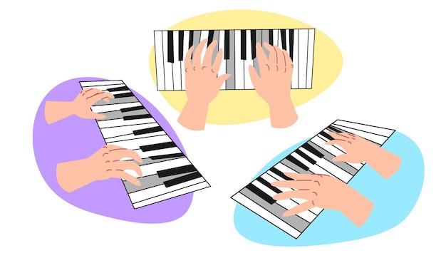 Conjunto de mãos tocando piano Isolado em fundo branco Conceito de artista musical pianista Flat Style