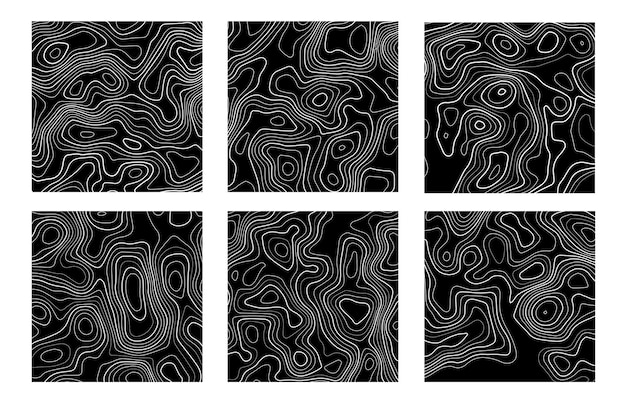 Conjunto de mapa de contorno topográfico em fundo preto Mapa de grade vetorial