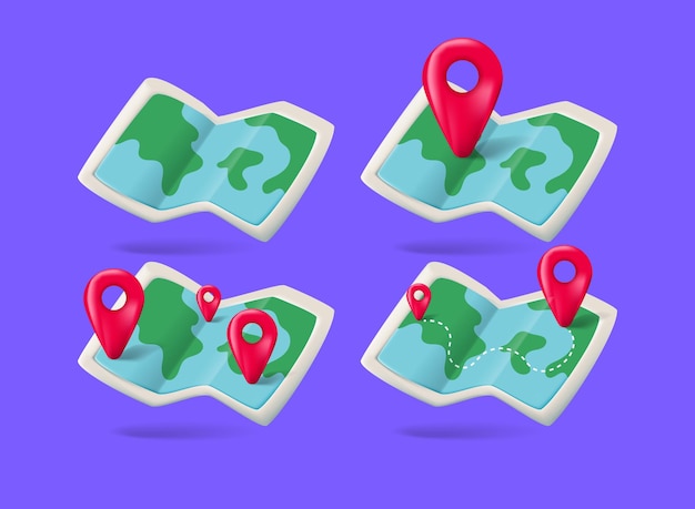 conjunto de mapas de papel com navegação 3D ícone vetorial moderno para viagem de negócios férias viajando