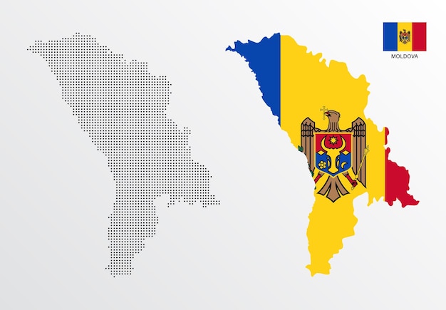 Conjunto de mapas políticos da moldávia com regiões isoladas e bandeira em fundo branco