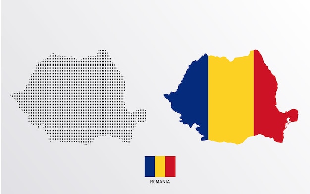 Vetor conjunto de mapas políticos da romênia com regiões isoladas e bandeira em fundo branco