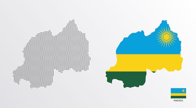 Conjunto de mapas políticos de Ruanda com regiões isoladas e bandeira em fundo branco