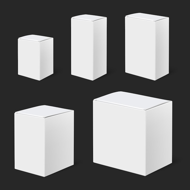 Conjunto de maquete de caixa realista com imagens isoladas de caixas brancas de tamanho diferente na ilustração vetorial de fundo preto