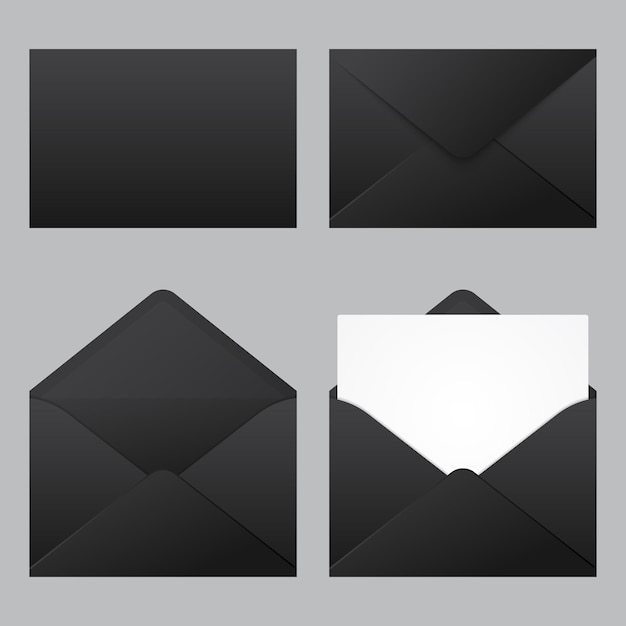 Conjunto de maquete de envelopes pretos realistas Envelopes pretos realistas em diferentes posições Maquete de envelope dobrado e desdobrado Ilustração vetorial