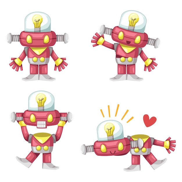 Conjunto de máquina futurista de estilo de desenho animado de robô de personagem android para uso industrial. ilustração isolada tecnologia futurista de objetos cibernéticos.