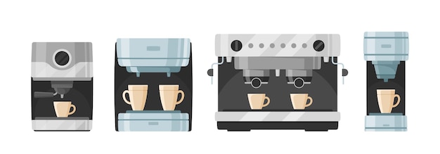 Conjunto de máquinas de café espresso maker com dois ou um copo profissional completo equipamento de barista automático para café ou bar isolado no fundo branco ícones de ilustração vetorial dos desenhos animados