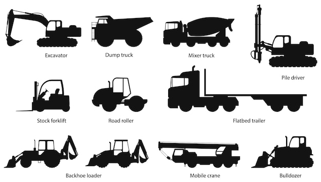 Vetor conjunto de máquinas de construção máquinas pesadas para escavadora caminhão de despejo caminhão misturador caminheiro de pilhas caminhão elevador de fork road roller trailer flatbed backhoe loader guindaste móvel bulldozer eps 10