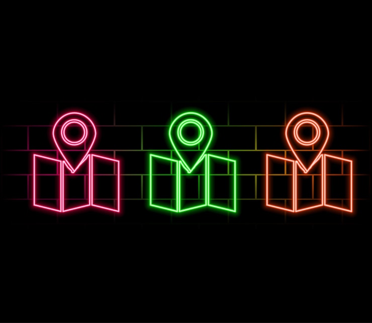 Vetor conjunto de marcadores de néon brilhantes localização de diferentes direções pinos de mapa linear brilhante ícone vetorial illust