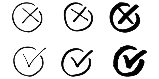 Conjunto de marcas de seleção de mão desenhada. isolado no fundo branco. sinais de carrapato e cruz do vetor.