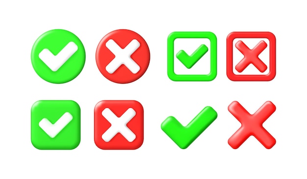 Conjunto de marcas de verificação de vetores 3D e ícones de cruz x Marca de verificação verde e cruz vermelha