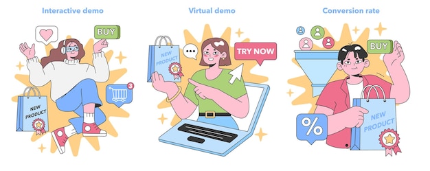 Conjunto de marketing digital com demonstrações interativas e virtuais que levam a um aumento das taxas de conversão