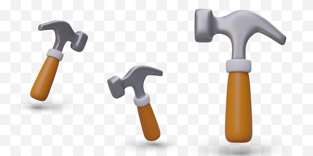 Conjunto de martelos metálicos 3D com alça de madeira Ferramenta de mão tradicional para construção de reparo Ícones modernos realistas com sombras Ferramenta de carpintaria Imagem isolada