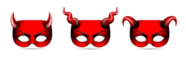 Vetor conjunto de máscaras de diabo vermelho carnaval com diferentes tipos de chifres