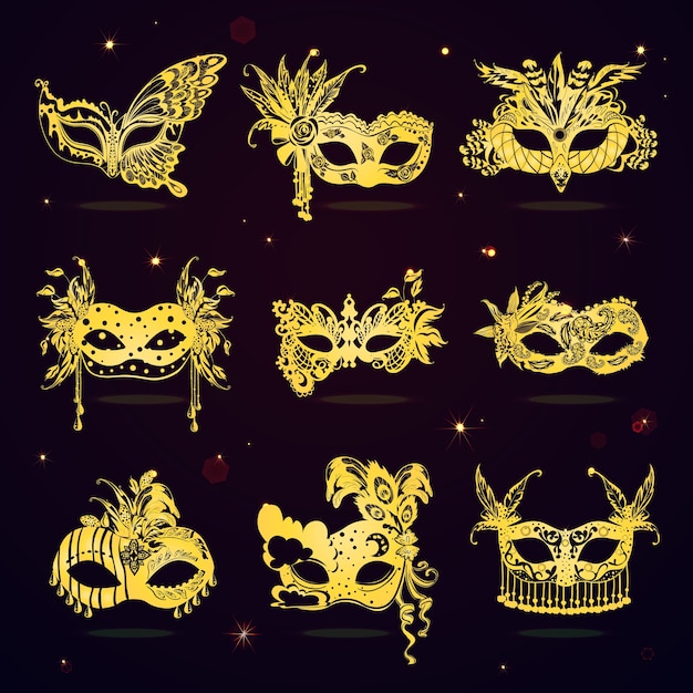 Vetor conjunto de máscaras de festa golden lace masquerade