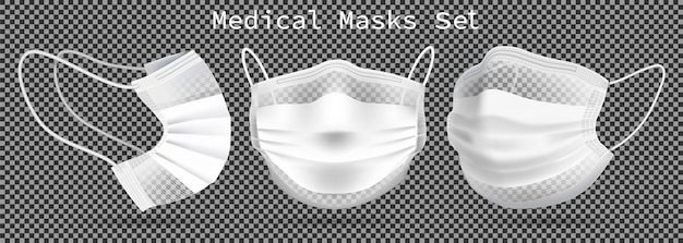 Conjunto de máscaras médicas - modelo. de diferentes ângulos para proteger o coronavírus, a infecção e o ar contaminado.