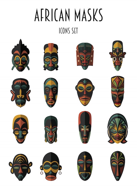 Conjunto de máscaras tribais étnicas africanas. símbolos rituais.