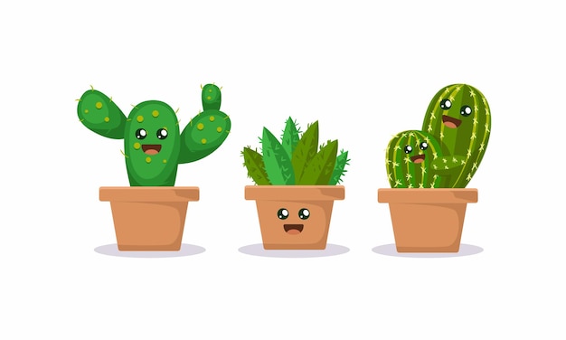 Conjunto de mascote de plantas suculentas de cacto fofinho