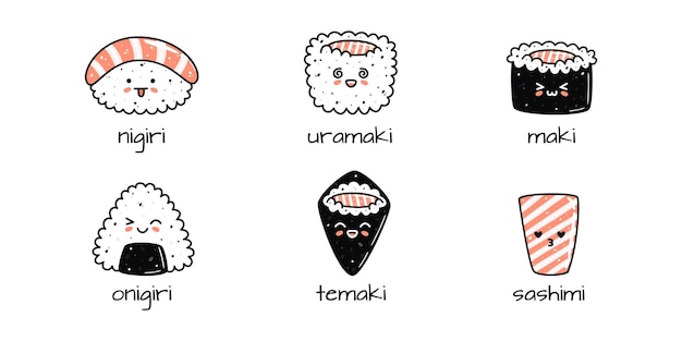 Conjunto de mascotes de sushi kawaii em estilo cartoon diferentes tipos de sushi