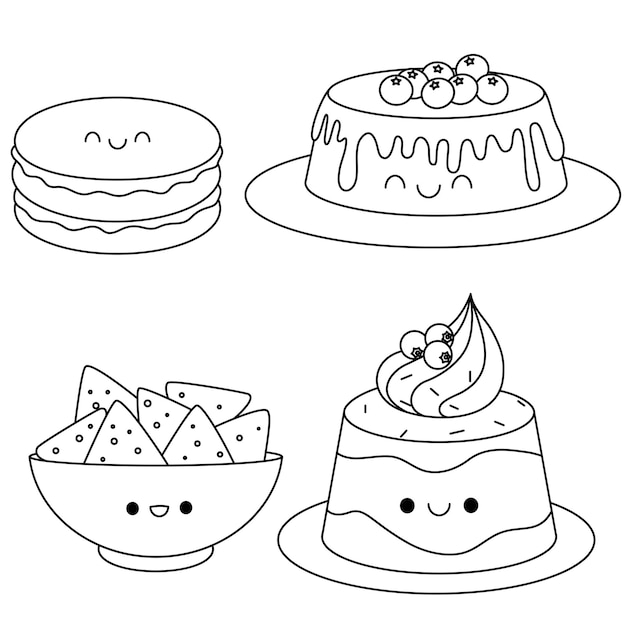 Conjunto de matcha cake mousse flan com bagas creme chip batata doodle desenho página de colorir