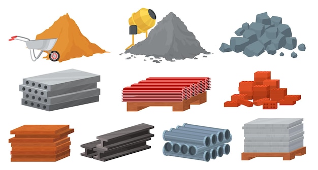 Conjunto de materiais de construção, ilustração plana. pilha de tijolos de pedras de cimento de areia. blocos de gesso, telhado de metal, telha