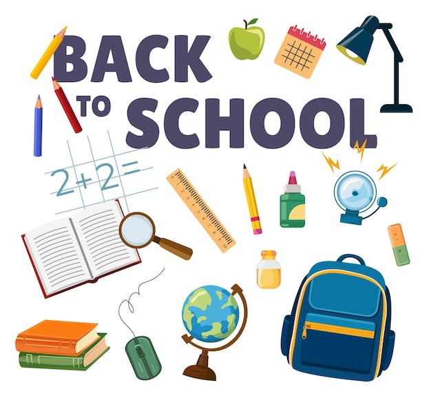 Conjunto de materiais escolares Desenho vetorial com artigos escolares adesivos educacionais De volta à escola