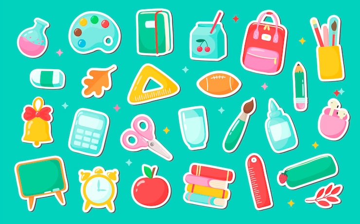 Conjunto de materiais escolares Os objetos e acessórios dos desenhos animados incluem livros mochila bola despertador régua caderno maçã paleta sino estojo para lápis cola caneta caneta tesoura escova fones de ouvido