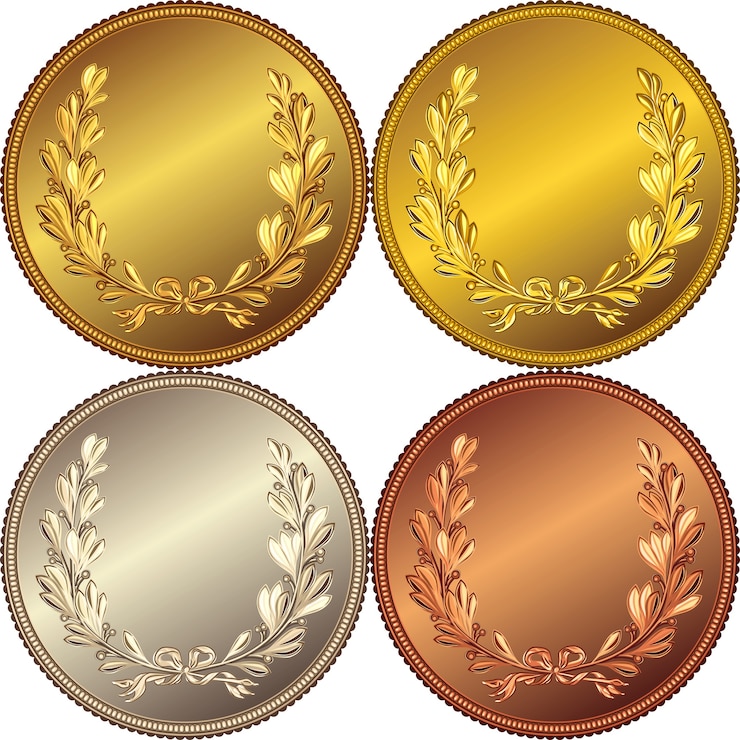 Vetor conjunto de medalhas de ouro, prata e bronze com a imagem de uma coroa de louros