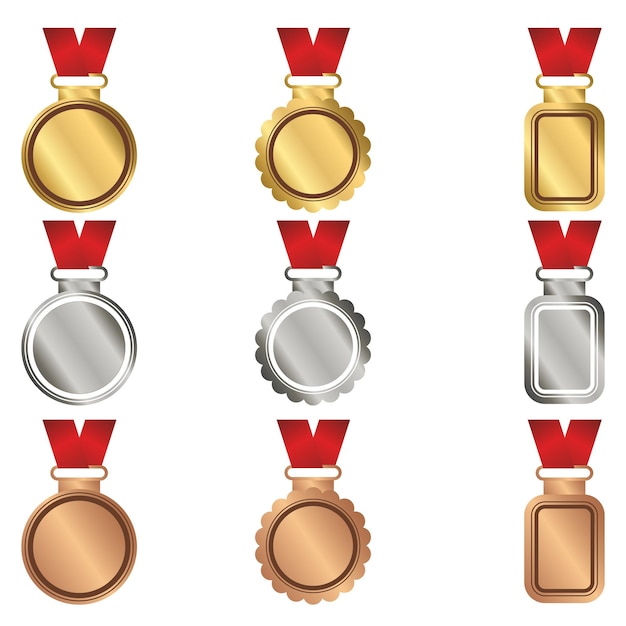Vetor conjunto de medalhas de prêmio fundo transparente com ilustração vetorial de malha gradiente ouro prata e