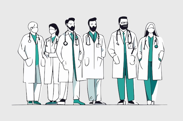 Conjunto de médicos e enfermeiras sorridente. Diferentes trabalhadores médicos masculinos e femininos em uniforme com estetoscópios. Ilustração de esboço isolada no fundo.