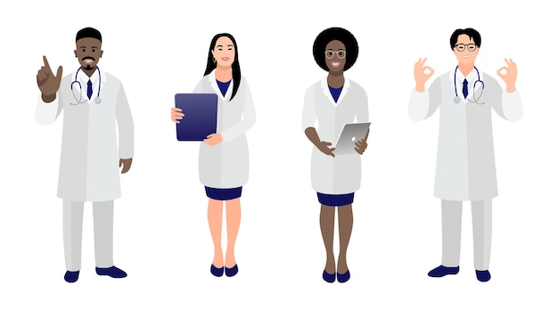 Conjunto de médicos e enfermeiros em uniforme médico em várias poses e gestos em um fundo branco
