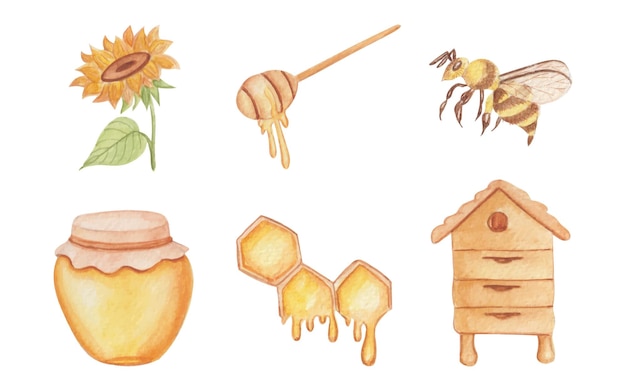Conjunto de mel aquarela desenhado à mão