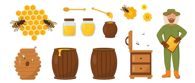 Vetor conjunto de mel e apicultura. apicultor com favos de mel, colmeia, abelhas e mel. ilustração dos ícones no fundo branco.