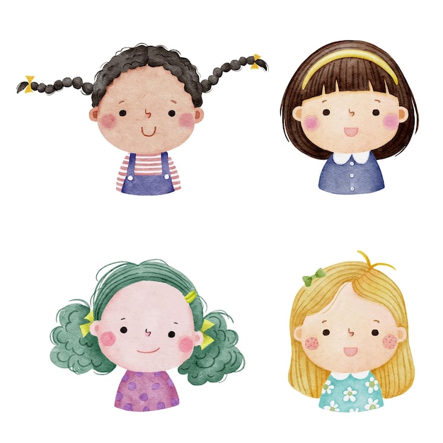 Vetor conjunto de menina aquarela enfrenta avatares cabeças de criança diferente conjunto de nacionalidade 1