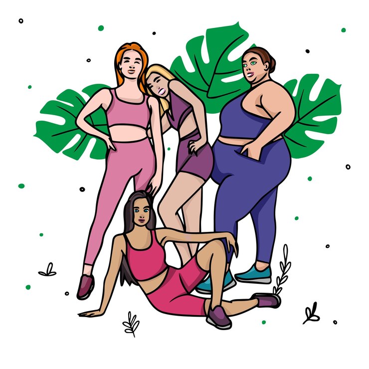 Vetor conjunto de meninas esportivas com figuras finas e gordas