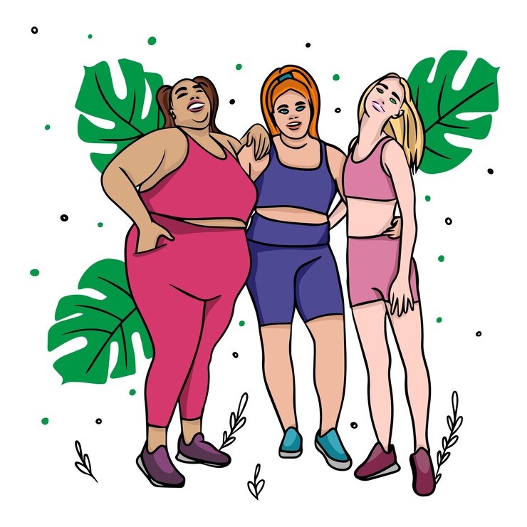Vetor conjunto de meninas esportivas com figuras finas e gordas