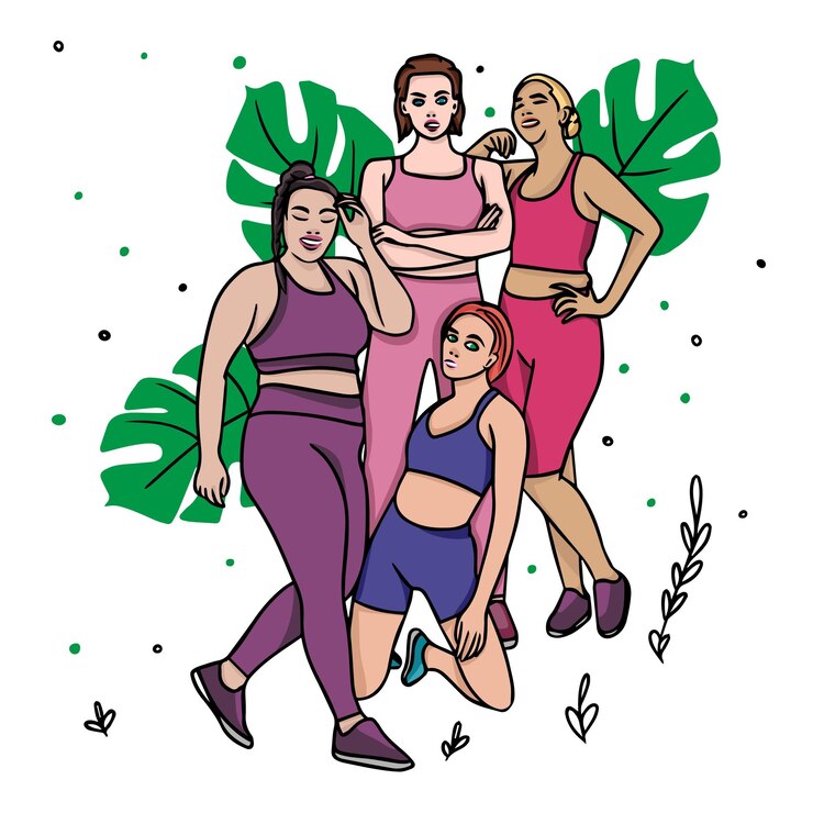 Vetor conjunto de meninas esportivas com figuras finas e gordas