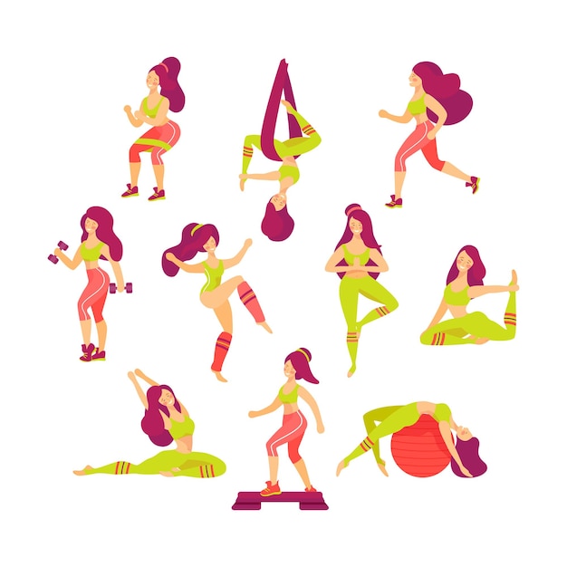 Conjunto de meninas fazendo diferentes tipos de atividade de fitness. Ilustração vetorial.