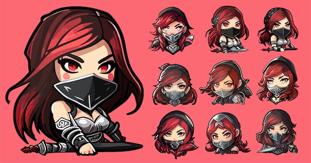 Conjunto de meninas ninja de cabelo vermelho em adesivos ou emblemas de expressão de capuz de capa preta. ilustração em vetor.