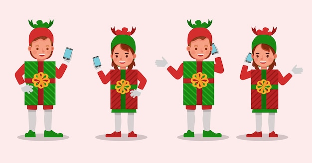 Vetor conjunto de meninos e meninas vestindo personagens de fantasias de caixa de presente de natal