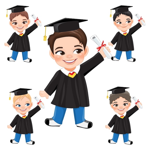 Vetor conjunto de meninos segurando diploma em vestido acadêmico para o dia da formatura personagem de desenho animado de menino feliz para o vetor do dia da formatura
