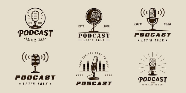 conjunto de microfone isolado logotipo vetor modelo de ilustração vintage graphic logo design bundle coleção de vários sinais de podcast ou símbolo para transmissão ou negócio de rádio com conceito de estilo retro