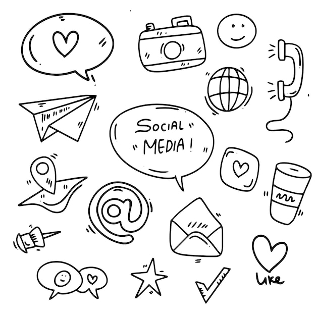 Conjunto de mídia social com vetor de estilo de linha doodle